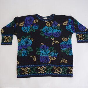 Vintage Holiday Time Black Floral Knit Sweater Eclectic Grandpa Grandmacore 22W